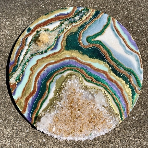 Geode Abstract Resin Art Piece | 24" Round | Yellow Calcite Crystals and Quartz - Picture 12 of 12
